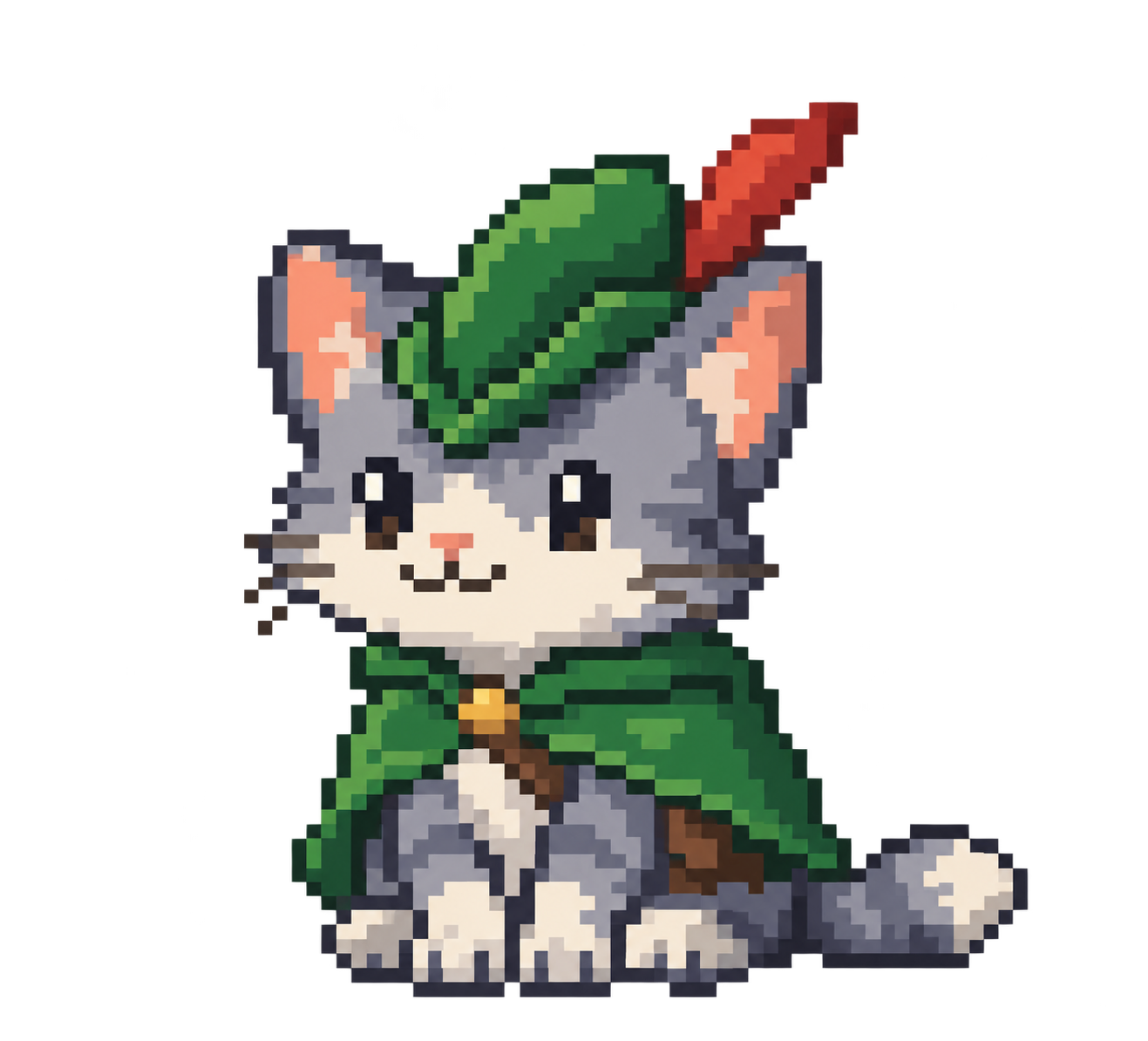 A small cat dressed as Robin Hood resting under the tree